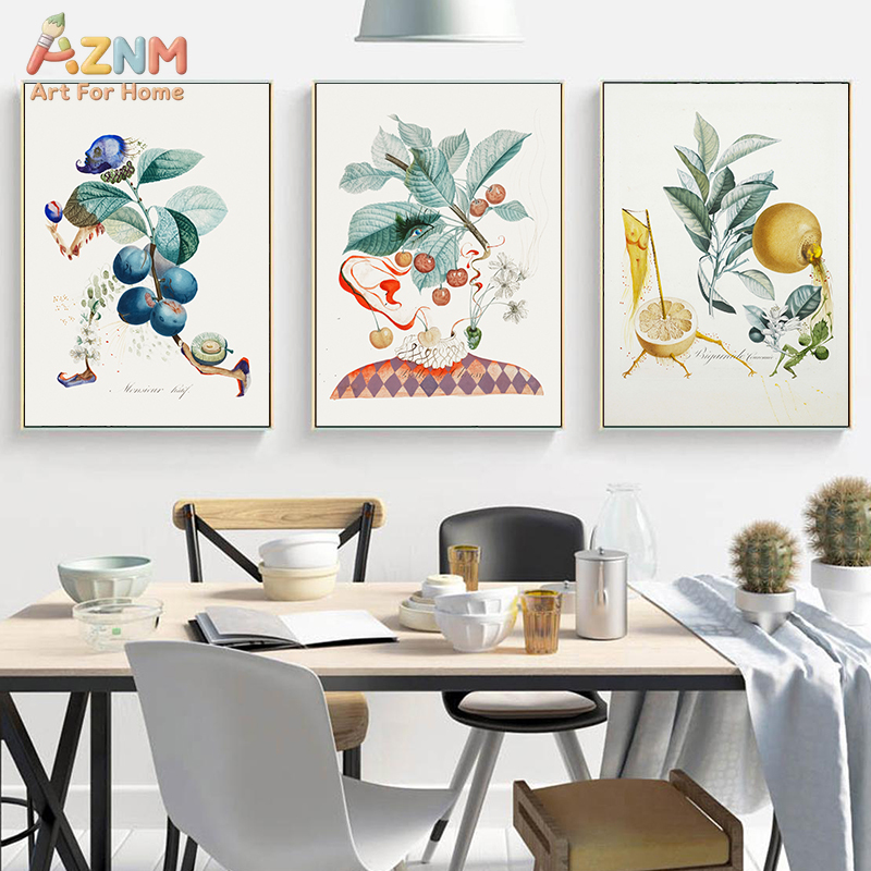 Vintage Collectible Toys - AZNM ภาพวาดผลไม้สไตล์เรียลลิสติกบนผืนผ้าใบ, ภาพวาดสีน้ำวินเทจลายเลมอน เชอร์รี่ บลูเบอร์รี่ ภาพวาดศิลปะนามธรรม,