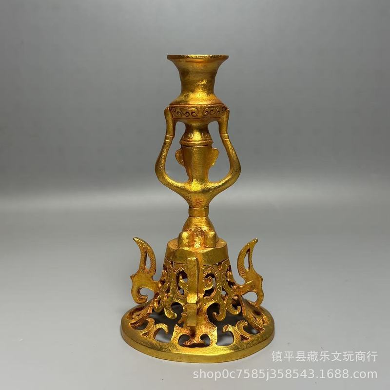 Collectible Vintage Lamps - ของจำลองโบราณของซานซิงตุ้ย: แจกันสมบัติแบบถือด้วยมือและฐานโคมไฟ, เชิงเทียนชุบทองแบบฉลุลาย, งานศิลปะสะสม