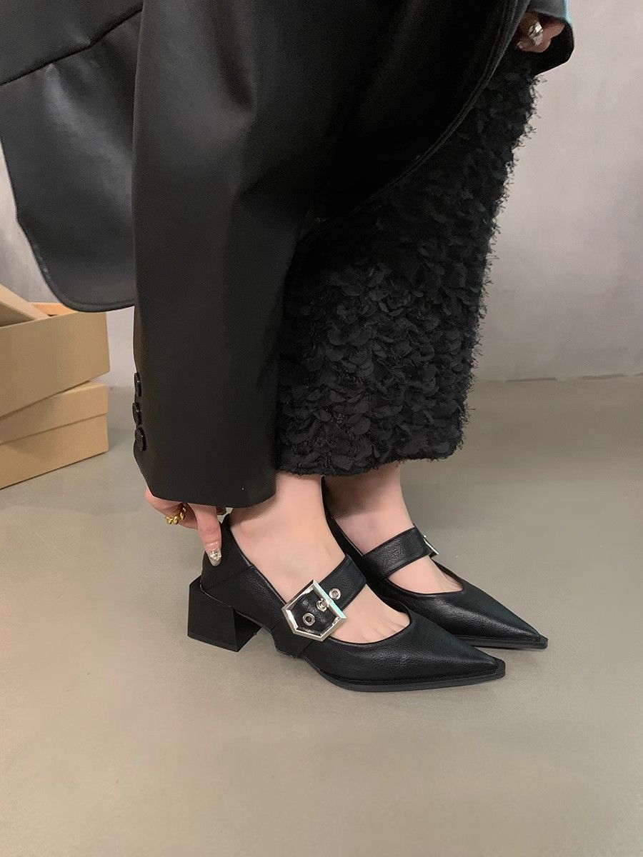 Vintage Collectible Shoes - รองเท้าส้นหนาสไตล์วินเทจสำหรับผู้หญิง แบบแมรี่เจน หัวแหลม สไตล์เกาหลี ฝรั่งเศส คอลเลคชั่นใหม่